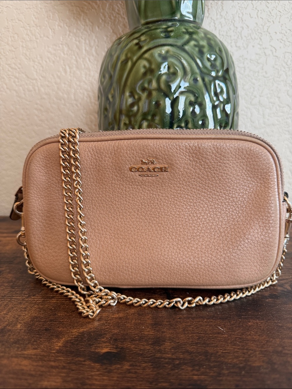 Coach F72490 Pebbled Tan Leather Double Zip Chain Crossbody